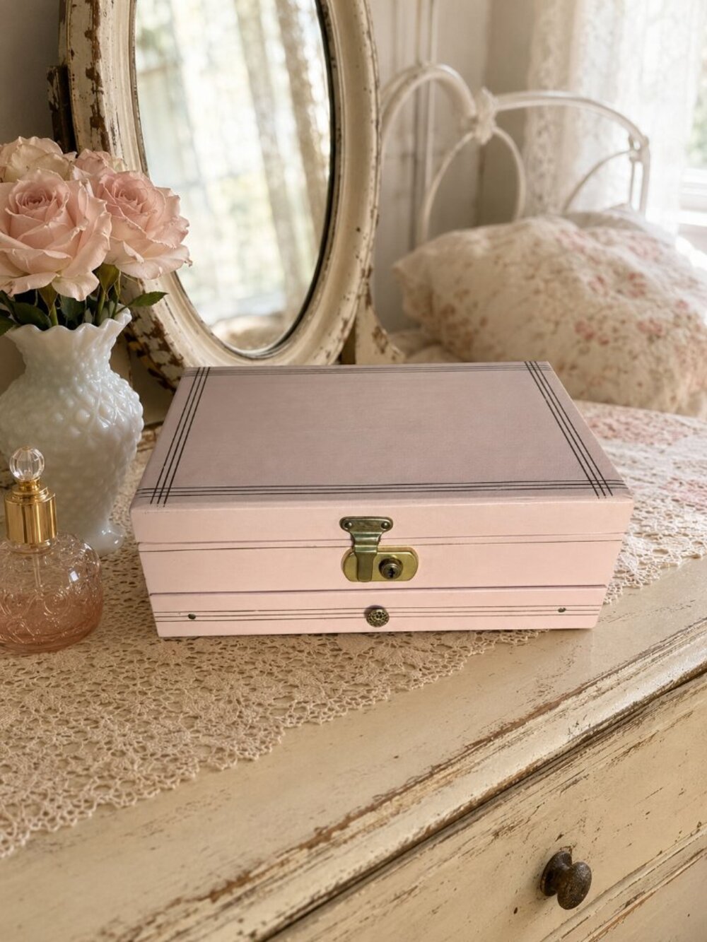 Vintage Blush Pink Jewellery Box Velvet Lined with Brass Hardware
